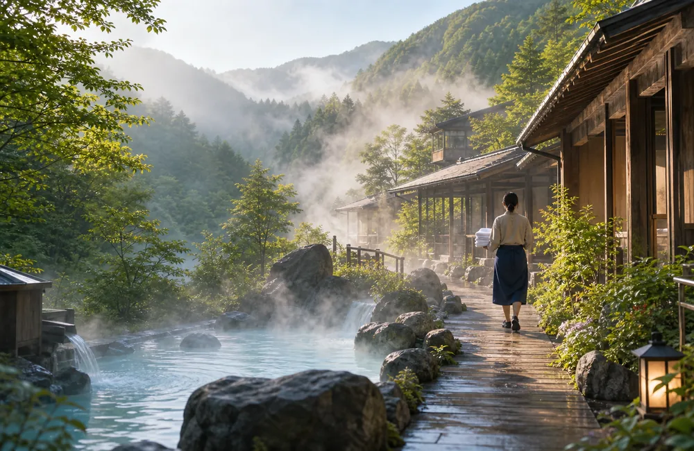 長野県 白骨温泉を連想する山あいの温泉旅館で住み込み勤務する写真風画像