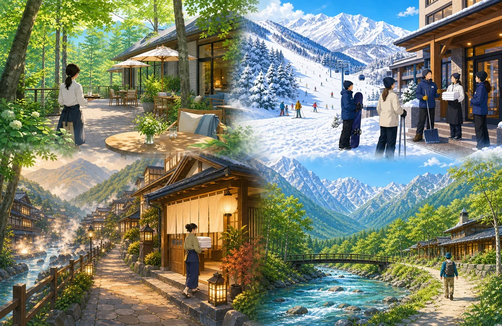 長野県の高原リゾートやスキー場、温泉地など友達同士で応募しやすいエリアを表したイラスト