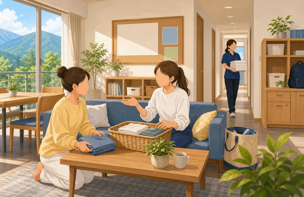 長野県のリゾートバイト寮で友達同士が共同生活の注意点を話し合うイラスト