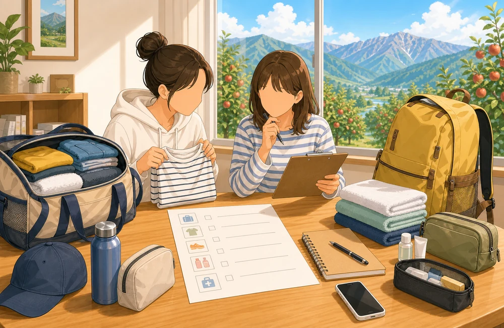 長野県のリゾートバイト応募前に友達同士で持ち物や希望条件を確認するイラスト