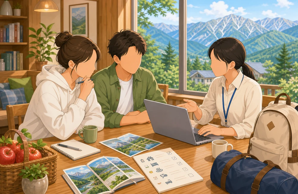 長野県の住み込みリゾートバイトで友達同士が寮やシフト条件を確認するイラスト