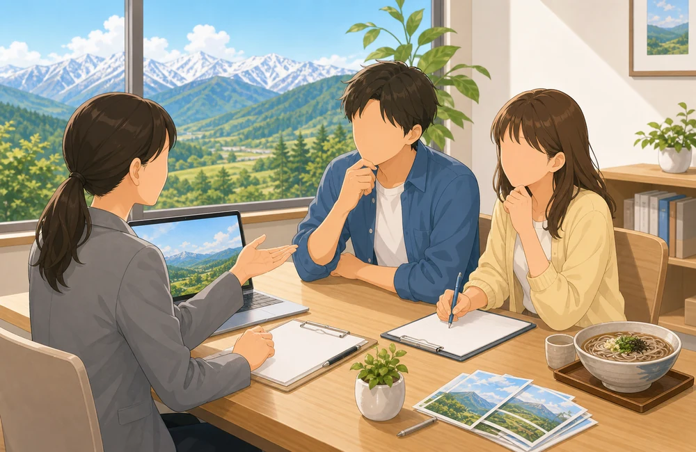 長野県の住み込みリゾートバイトについて友達同士で派遣会社に相談するイラスト