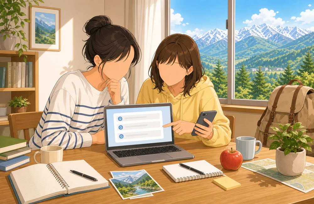 長野県のリゾートバイトに友達同士で応募する前によくある質問を確認するイラスト