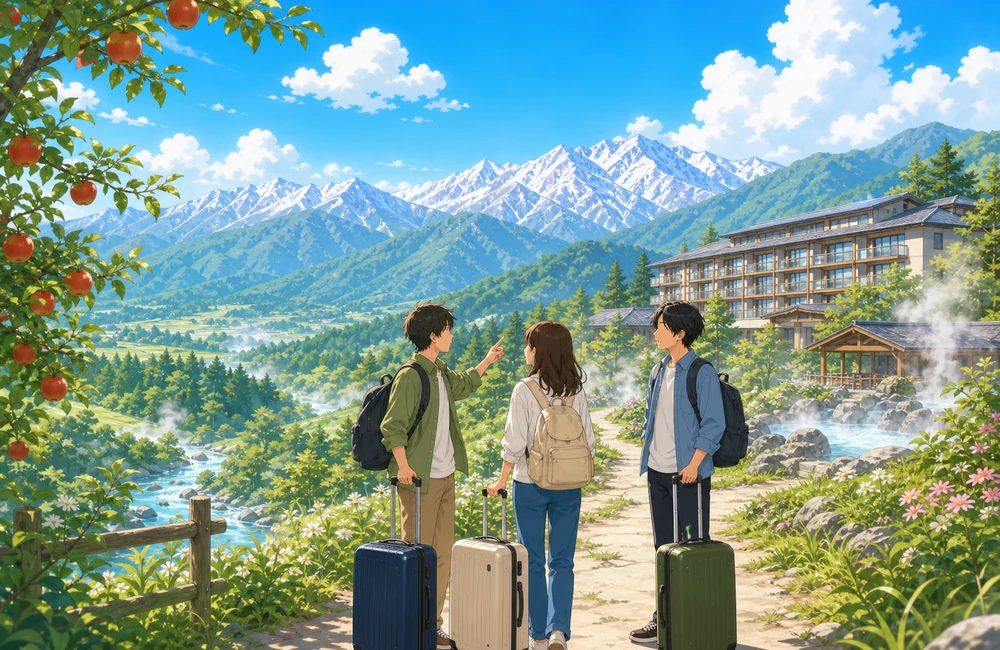 長野県の山や高原を背景に大学生の友達同士が住み込みリゾートバイトを相談するイラスト