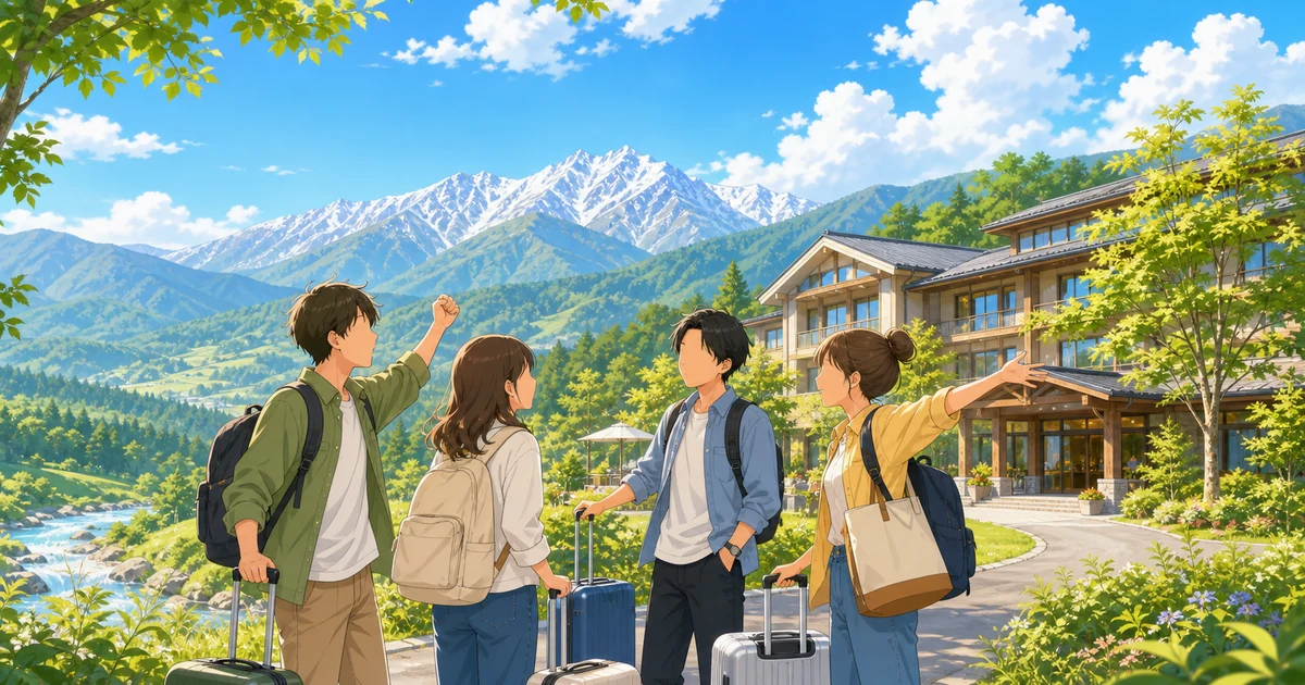 長野県の住み込みリゾートバイト求人を友達同士で相談する大学生の明るいイラスト