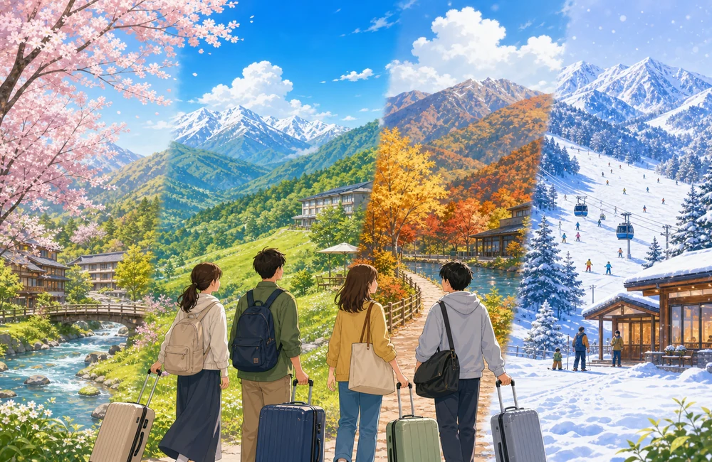 長野県の春夏秋冬と高原やスキー場のリゾートバイトを表した明るいイラスト