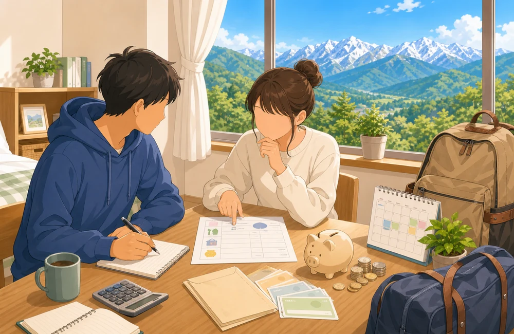 長野県のリゾートバイトで友達同士が時給や貯金を確認する明るいイラスト