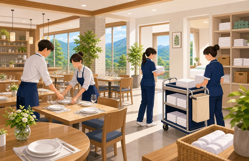 長野県のリゾートホテルで友達同士がレストランや清掃の住み込みバイトをするイラスト