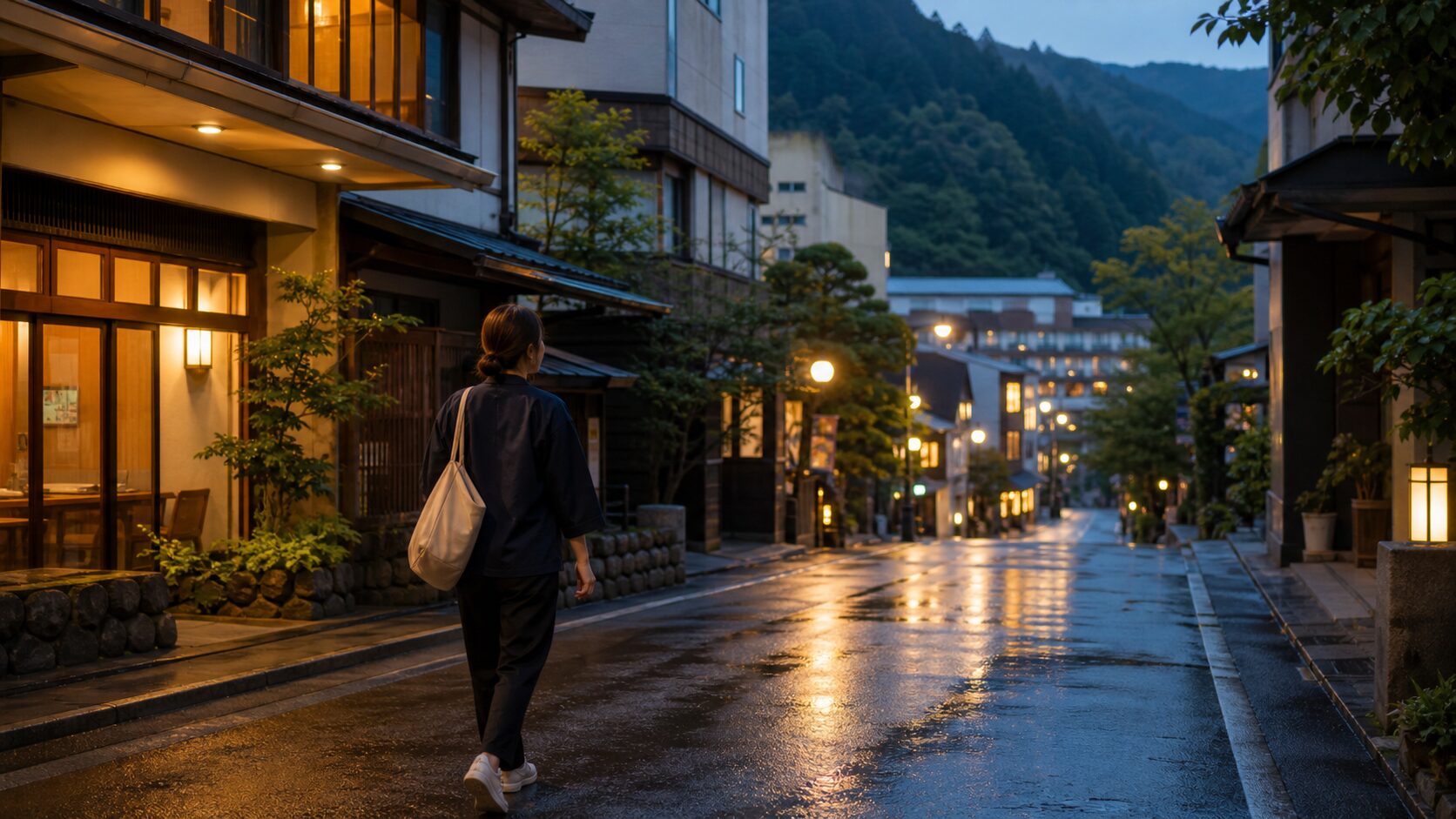 長野県の温泉街を仕事終わりに歩くリゾバスタッフのイメージ
