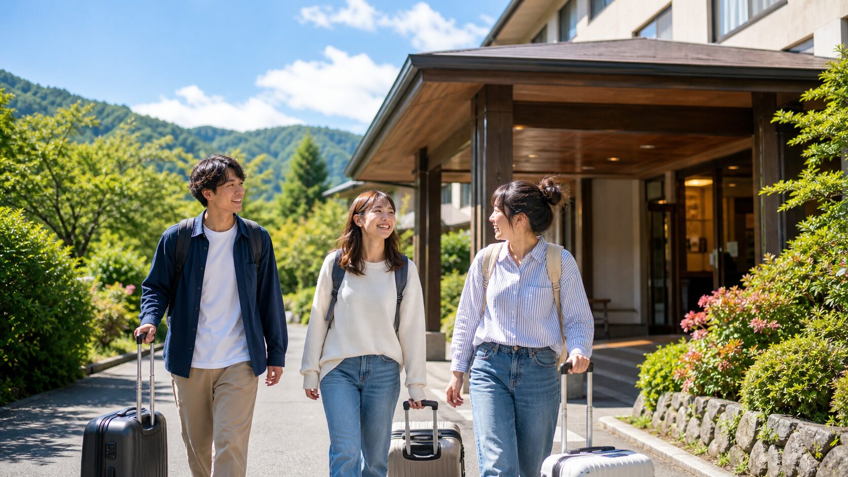 長野県のリゾバへ仲間と明るく移動するスタッフのイメージ