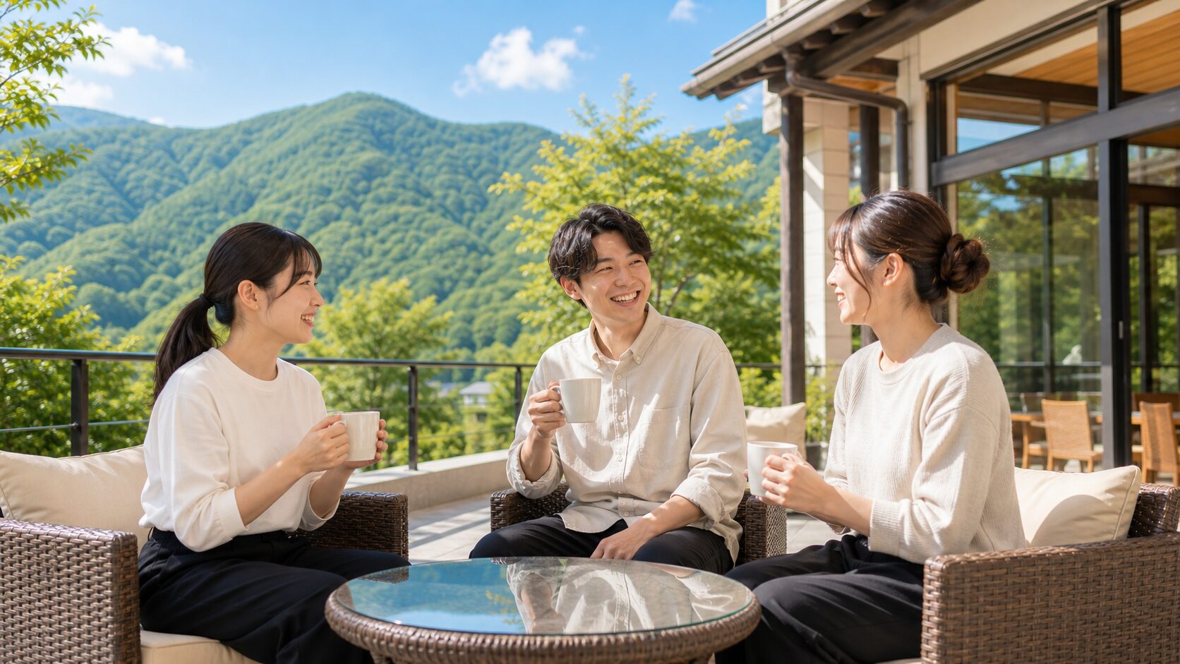 長野県のリゾバスタッフが明るく休憩中に会話するイメージ