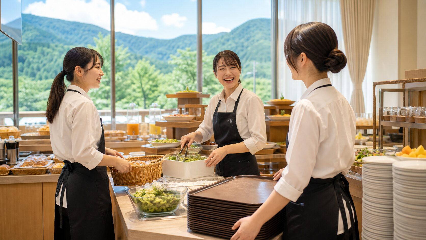 長野県のリゾバでスタッフが明るく働くホテル現場のイメージ