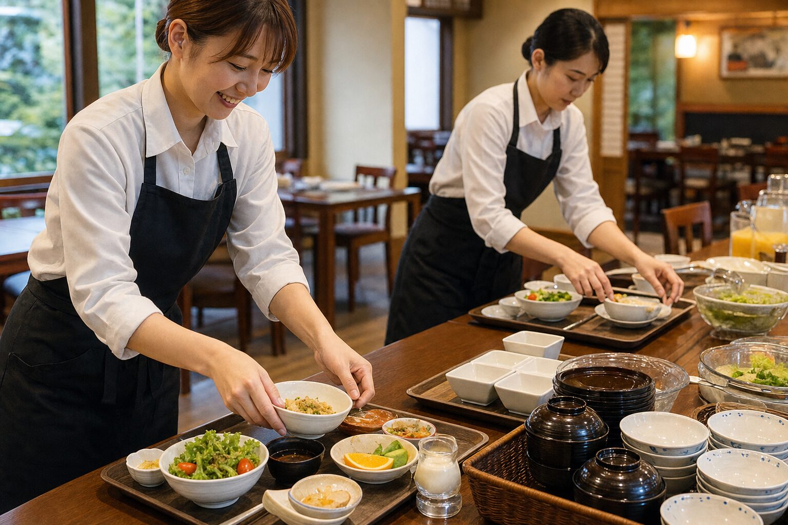 地方ホテルの朝食準備をするスタッフの手元