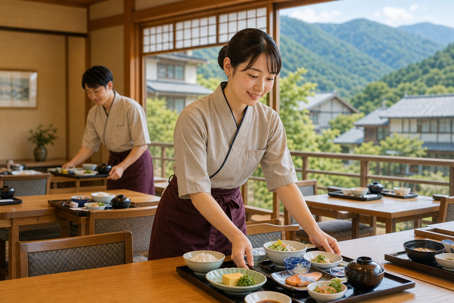 長野県の温泉旅館で朝食準備をするリゾバスタッフのイメージ