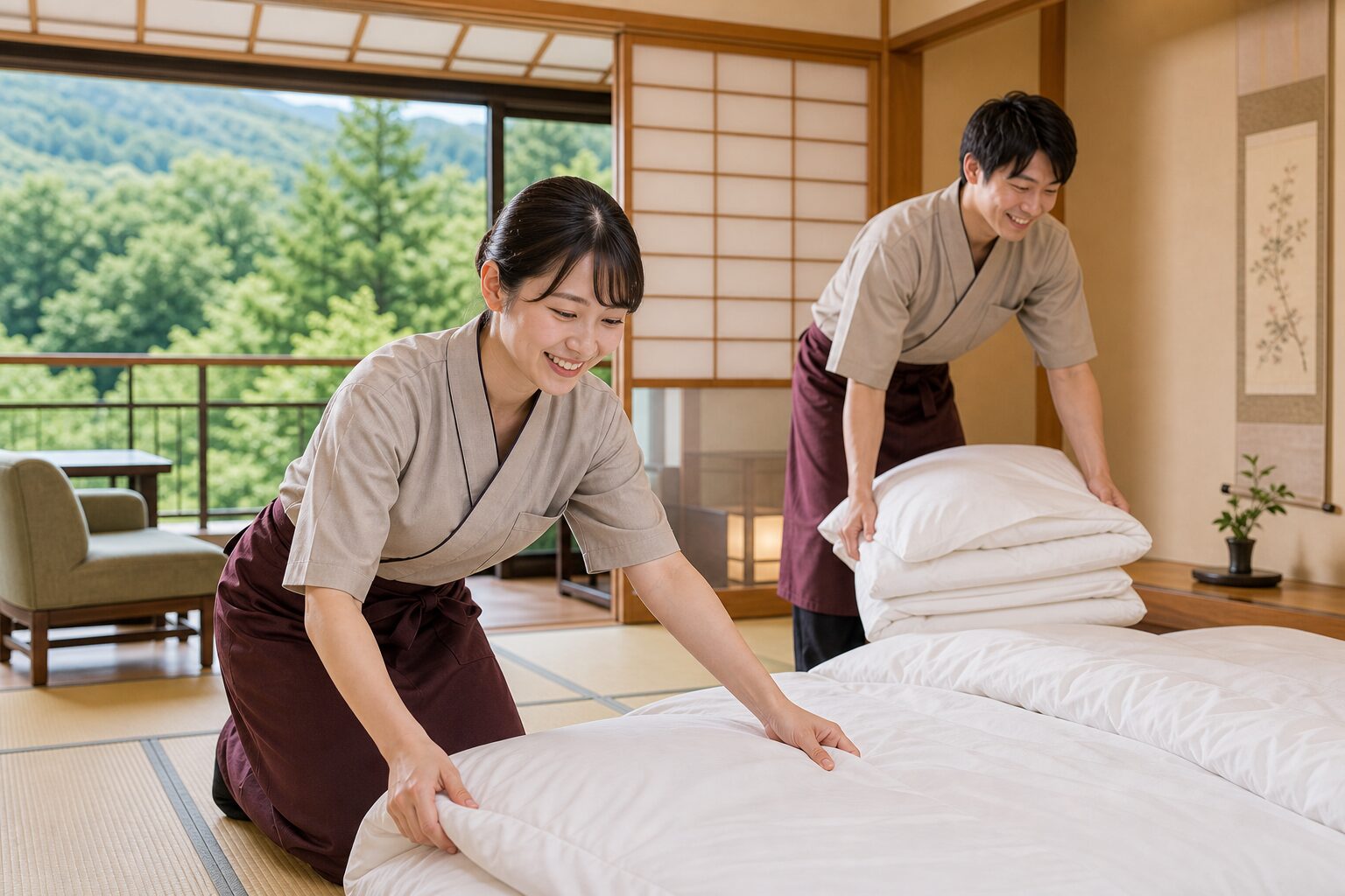 長野県の温泉旅館で客室準備をするリゾバスタッフのイメージ