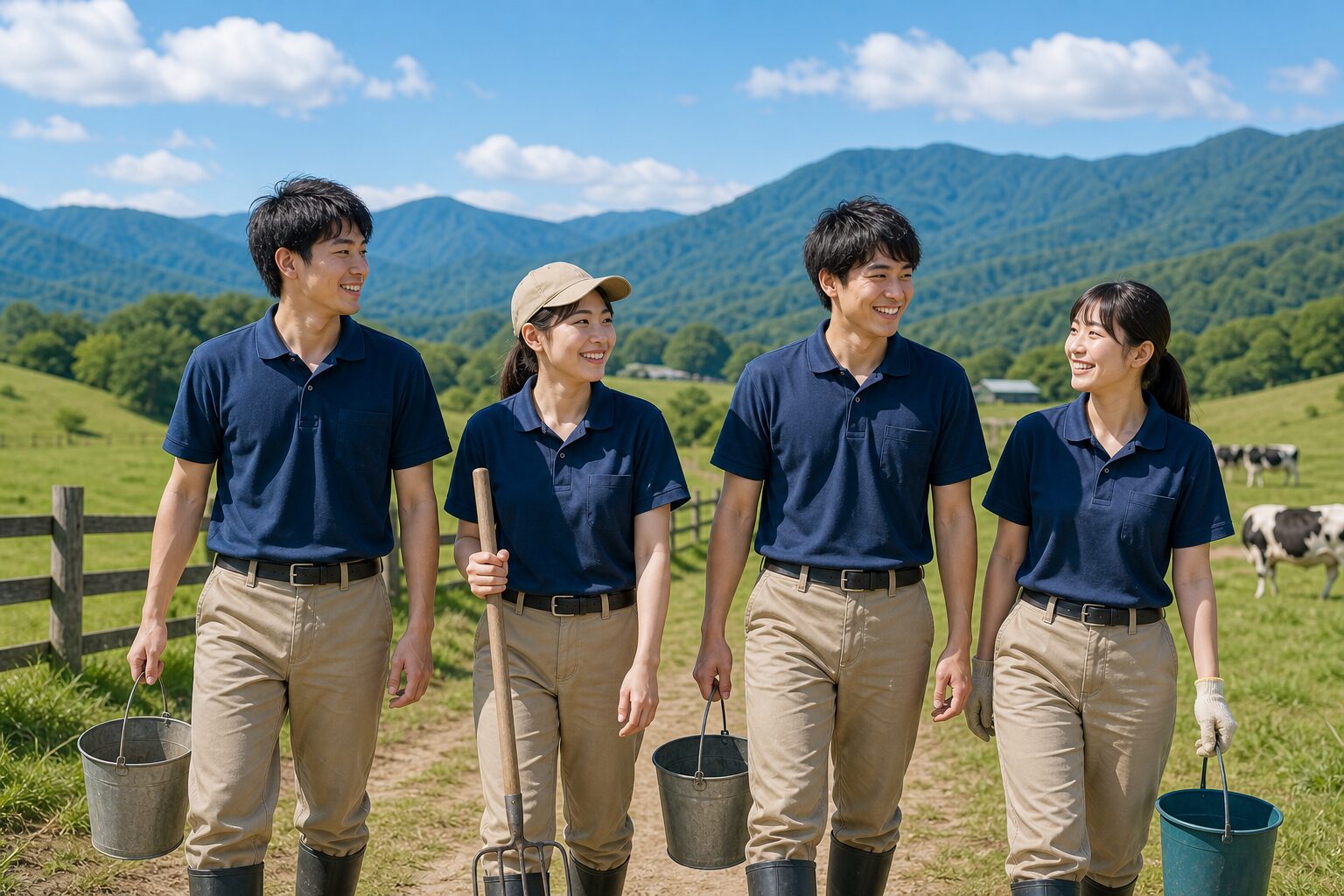 高原牧場で仲間と歩くリゾバスタッフのイメージ