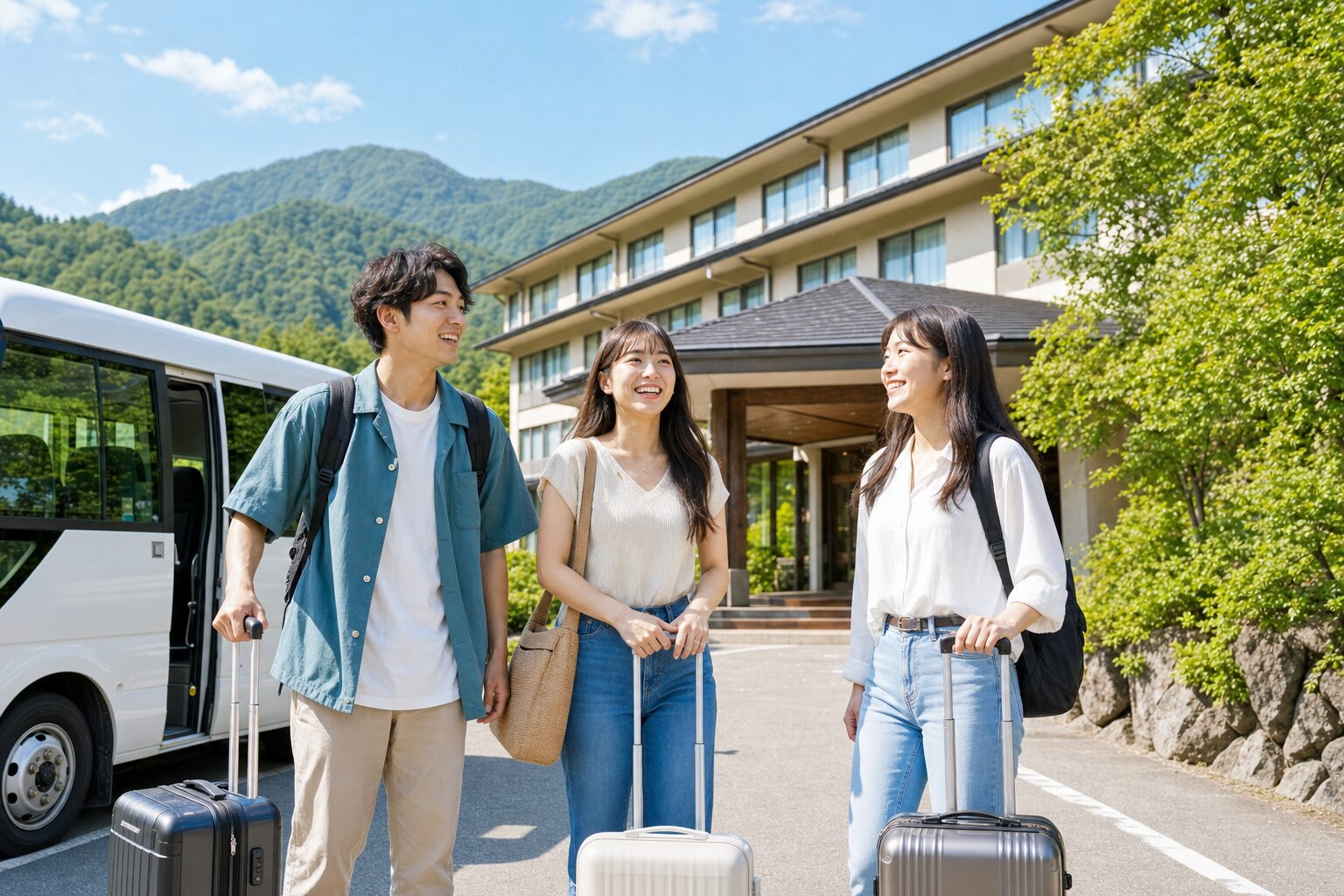 友達同士で長野県の夏休みリゾバに到着するイメージ