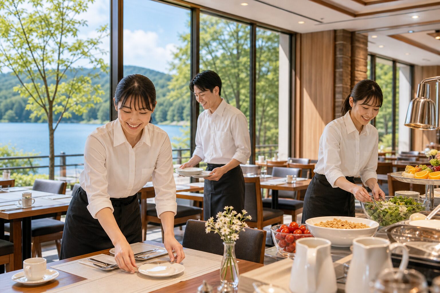 蓼科・白樺湖のホテルレストランでリゾバスタッフが働くイメージ