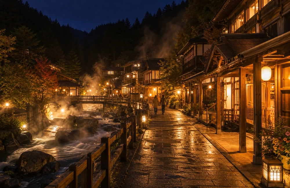 長野県の温泉街で大学生が旅館やホテルのリゾートバイトをする写真風イメージ