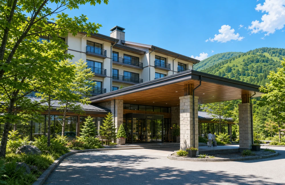 長野県のリゾートホテル外観と大学生向け住み込みバイトの写真風イメージ