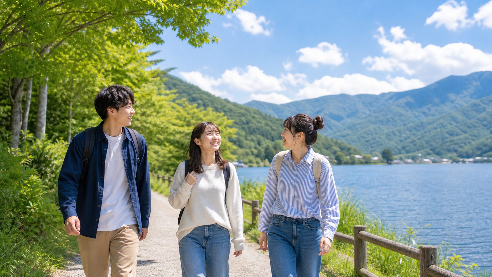 大学生がリゾートバイトの休日に明るい高原を楽しむイメージ
