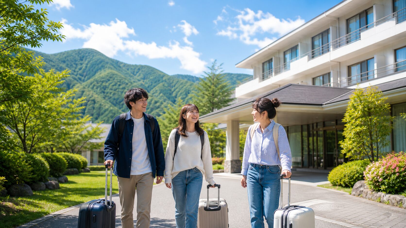 大学生が友達同士でリゾートバイト先へ向かうイメージ