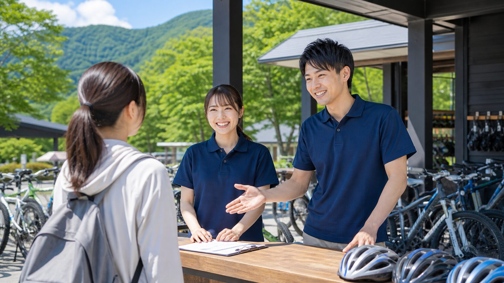 リゾート地のレンタサイクル受付でスタッフが案内するイメージ