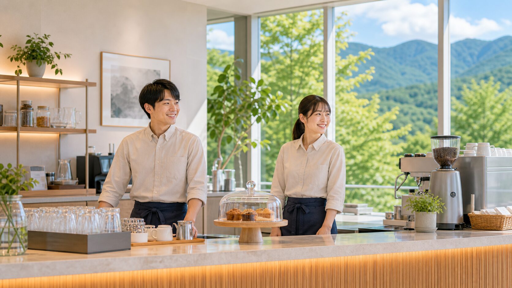 リゾートホテルのカフェカウンターでスタッフが開店準備をするイメージ