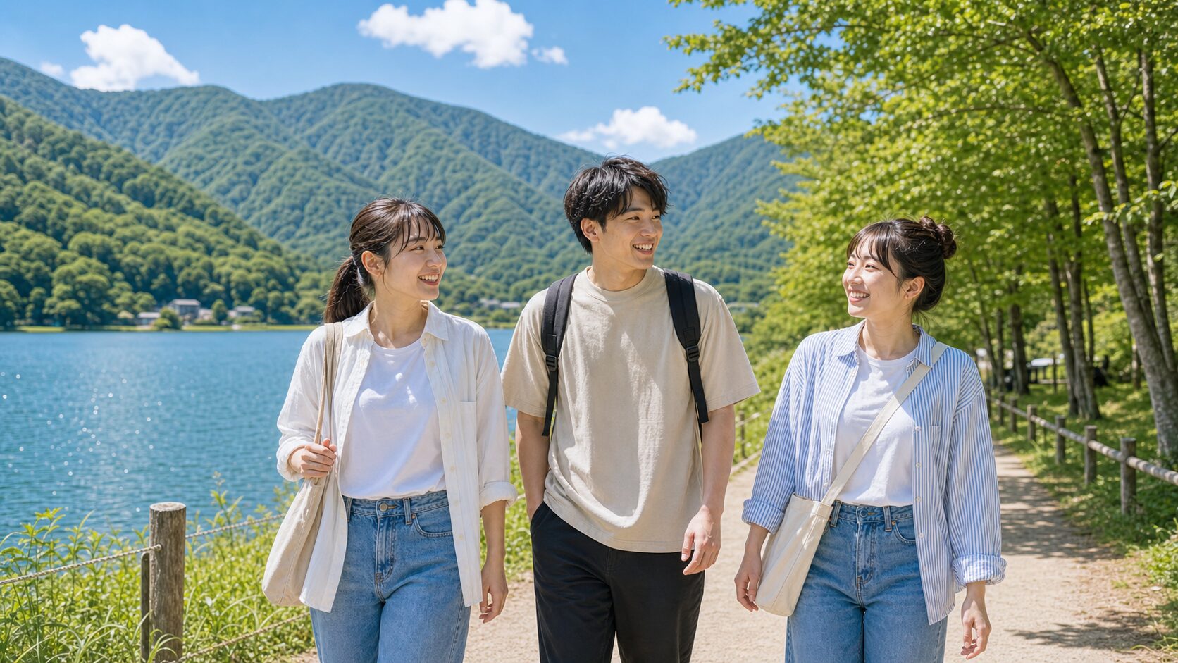 夏のリゾートバイト仲間が休日に湖畔を歩くイメージ