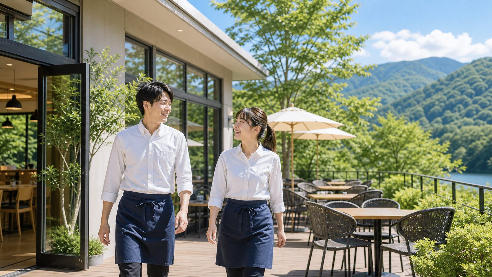 夏のリゾートホテルのテラスカフェへ向かうスタッフのイメージ
