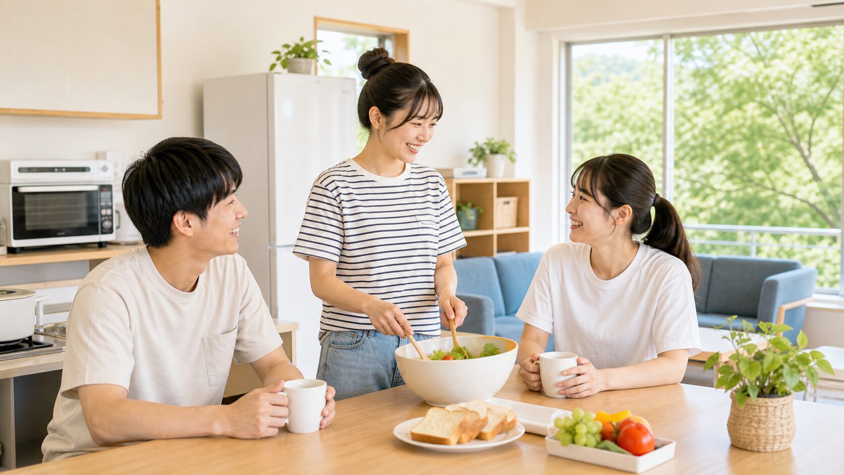 リゾートバイトの寮の共用スペースで会話する若いスタッフのイメージ
