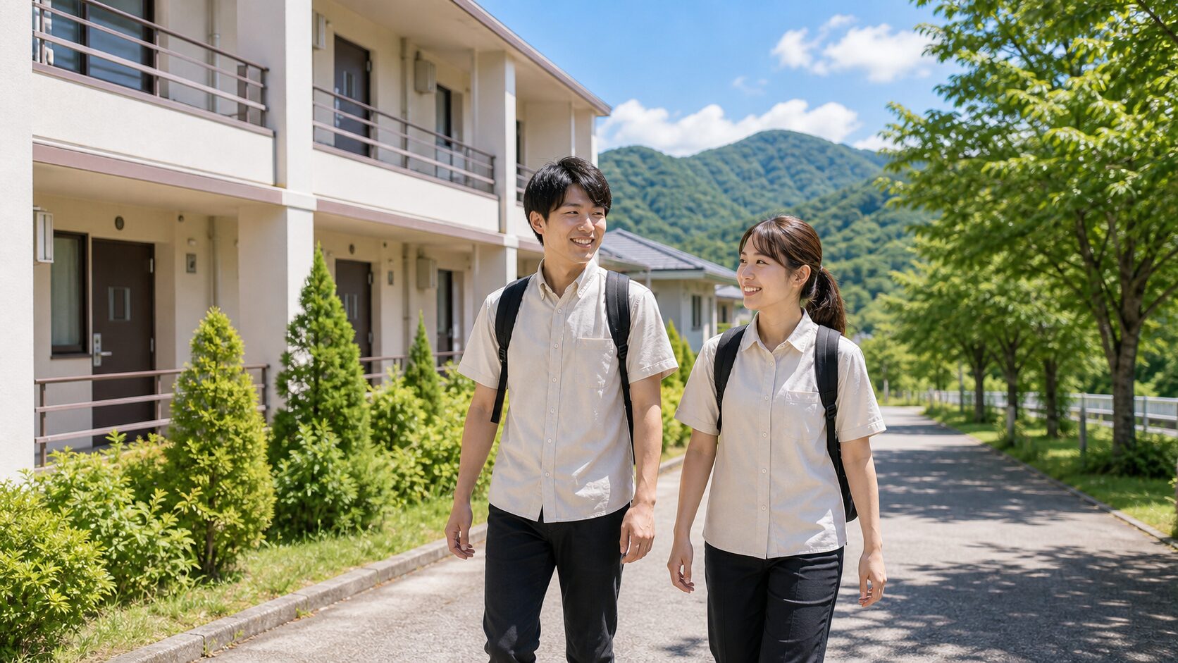 リゾートバイトの寮から職場へ向かう若いスタッフのイメージ