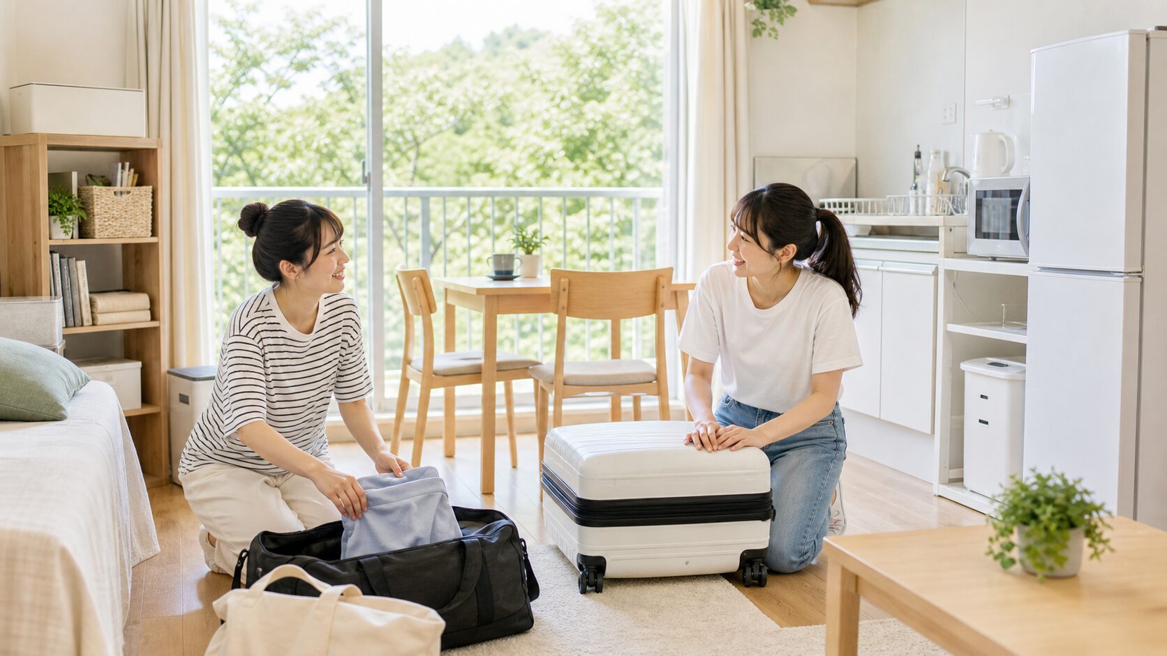 友達同士でリゾートバイトの寮生活を始めるイメージ