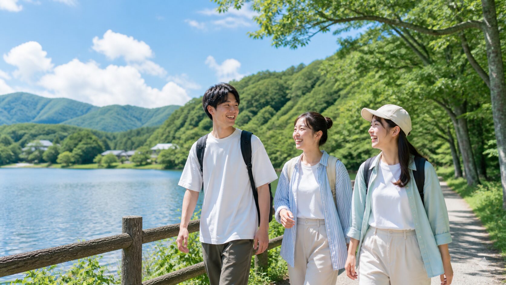 リゾートバイトの休日に友達と高原を歩くイメージ