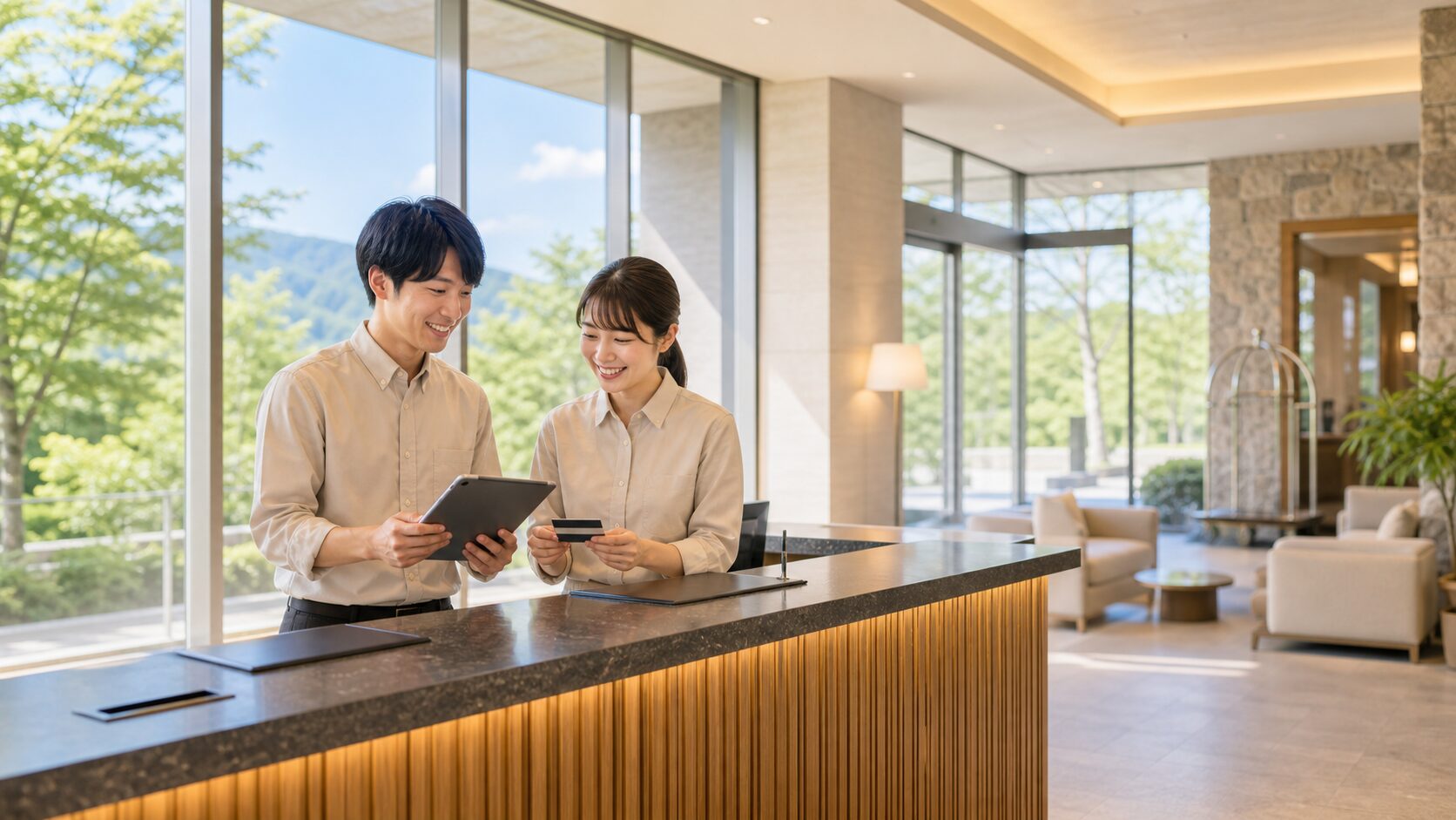 ホテルフロントでスタッフがチェックイン準備をするイメージ