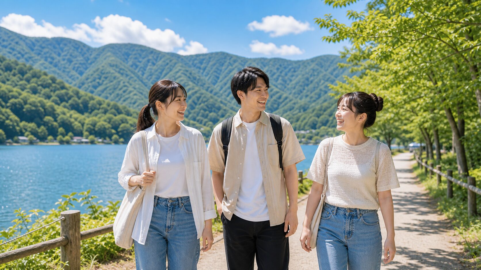 夏のリゾートバイト仲間が休日に湖畔を歩くイメージ