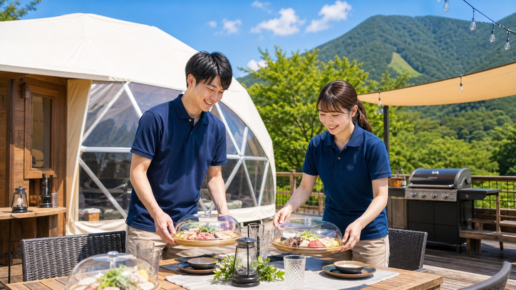 グランピング施設でBBQ準備をするリゾバスタッフのイメージ