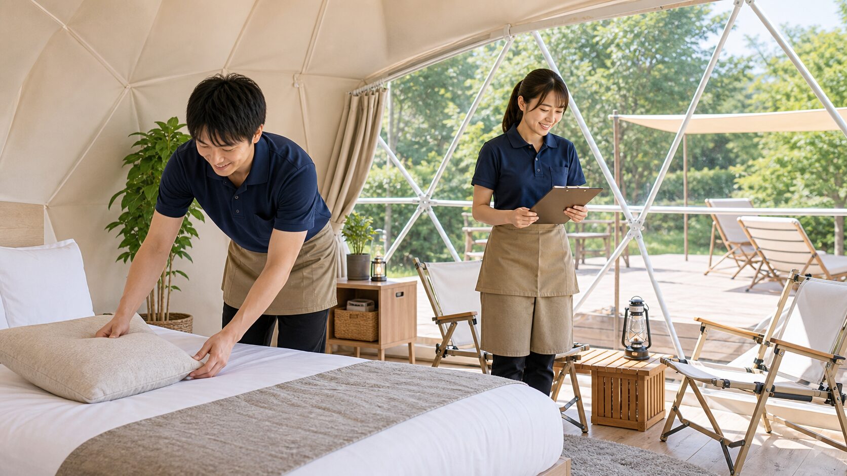 グランピング施設のテント内を整えるスタッフのイメージ