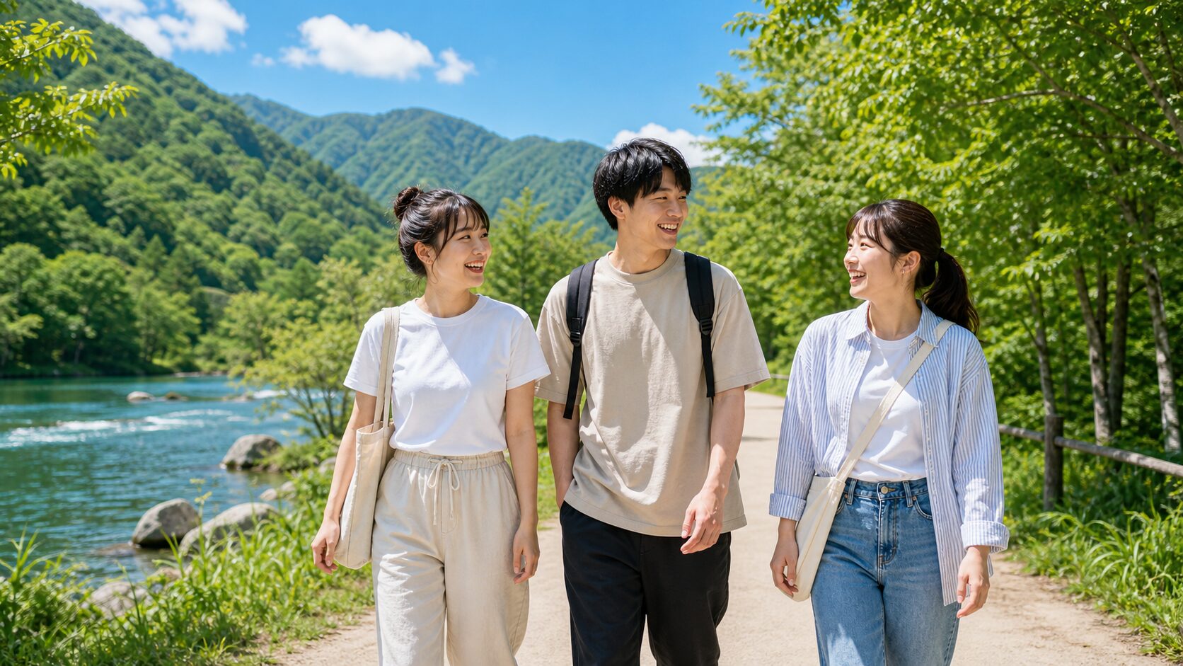 夏のリゾートバイト仲間が休日に川沿いを歩くイメージ