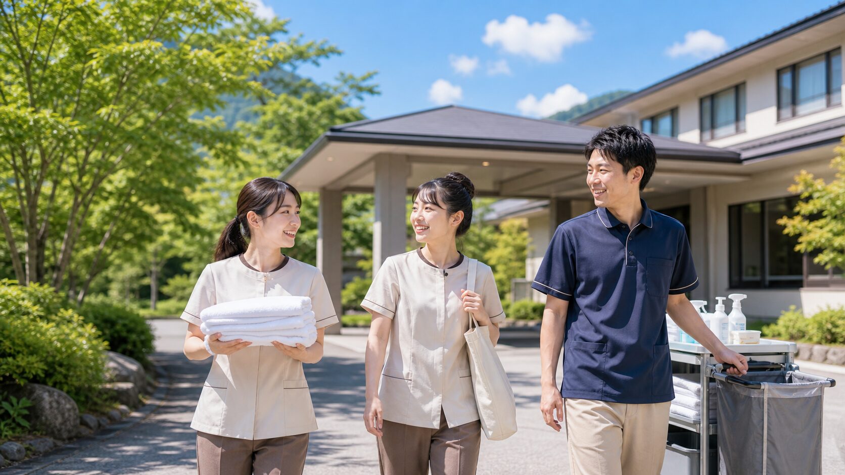 夏のリゾートホテルで客室清掃スタッフが出勤するイメージ