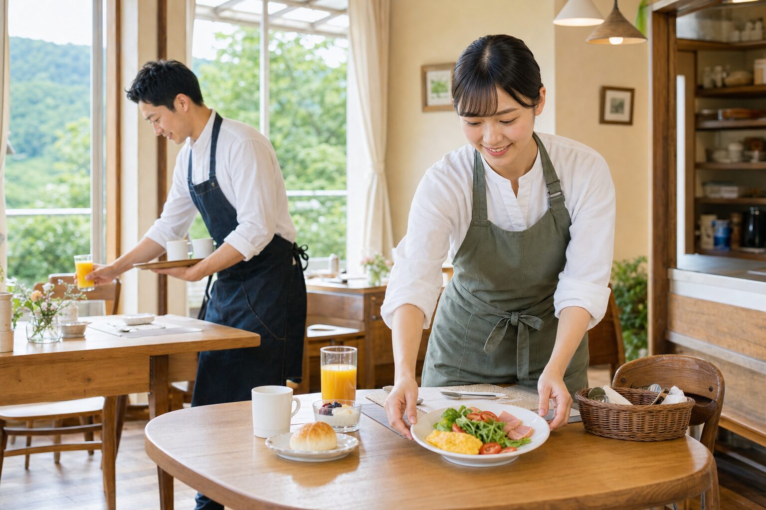 高原ペンションの朝食準備をするリゾバスタッフのイメージ