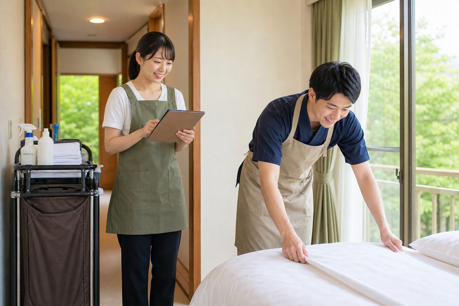 ペンションの客室清掃と準備をするリゾバスタッフのイメージ