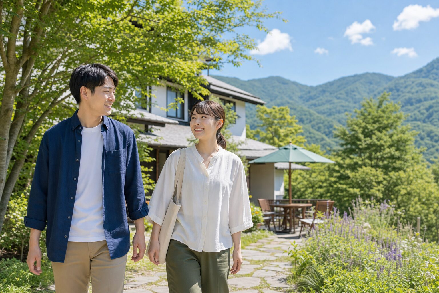 夏の高原ペンション周辺で休憩するリゾバスタッフのイメージ