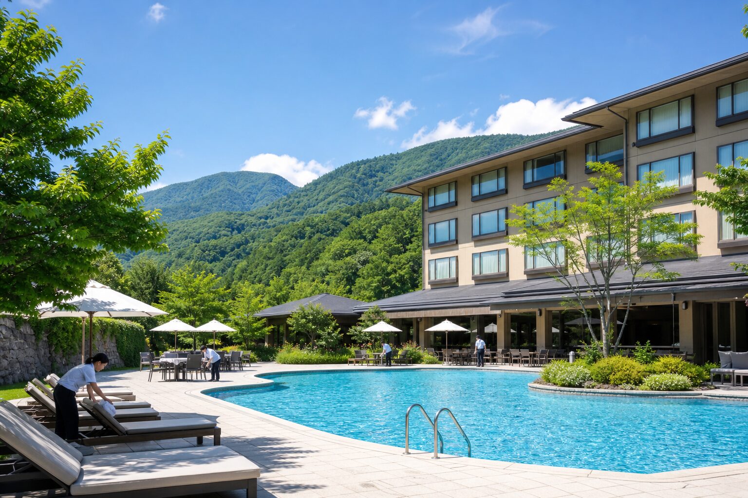 夏のリゾートホテルの屋外プールとスタッフのイメージ