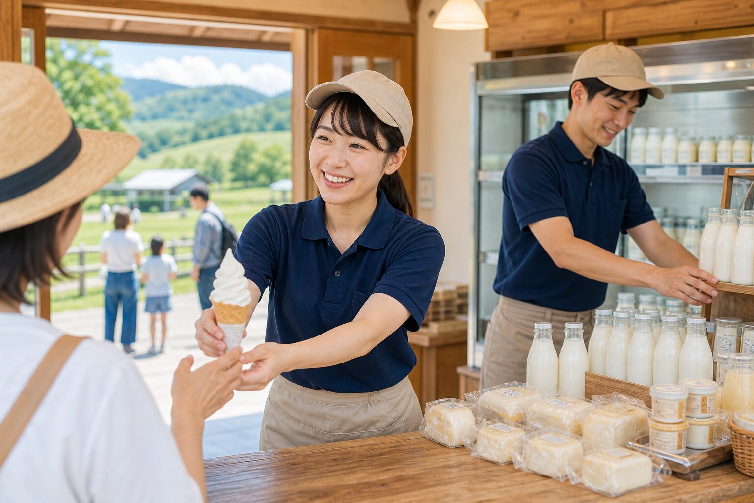 観光牧場の売店でソフトクリームを販売するリゾバスタッフのイメージ