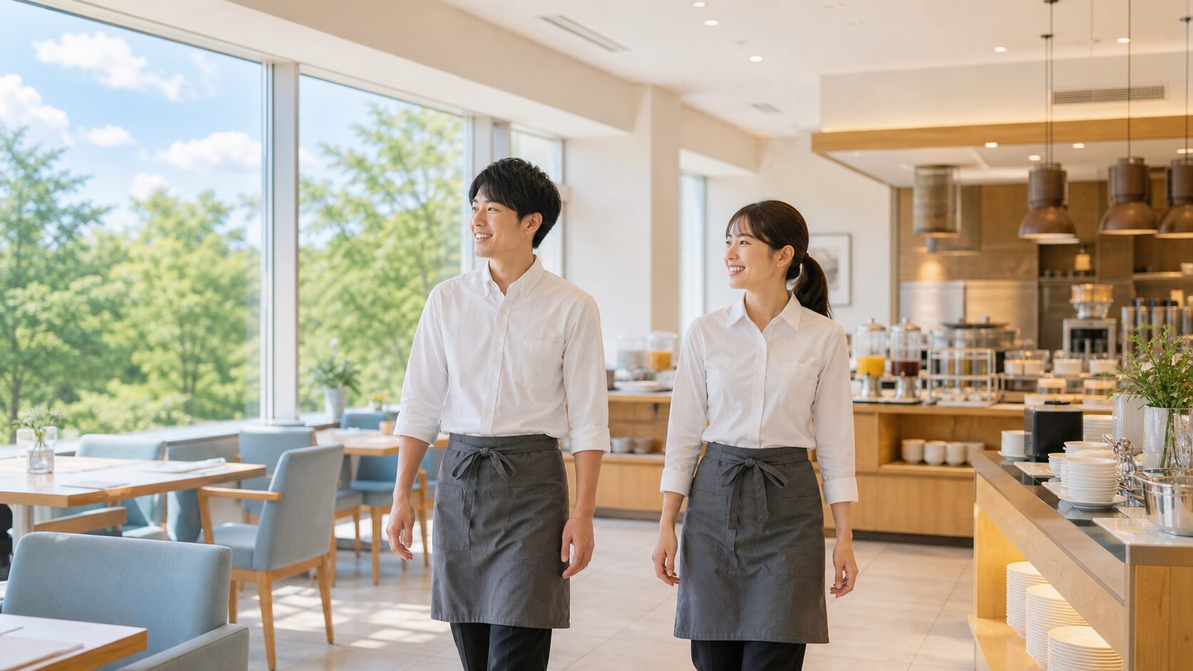 ホテルの朝食バイキング会場でレストランホールスタッフが確認するイメージ