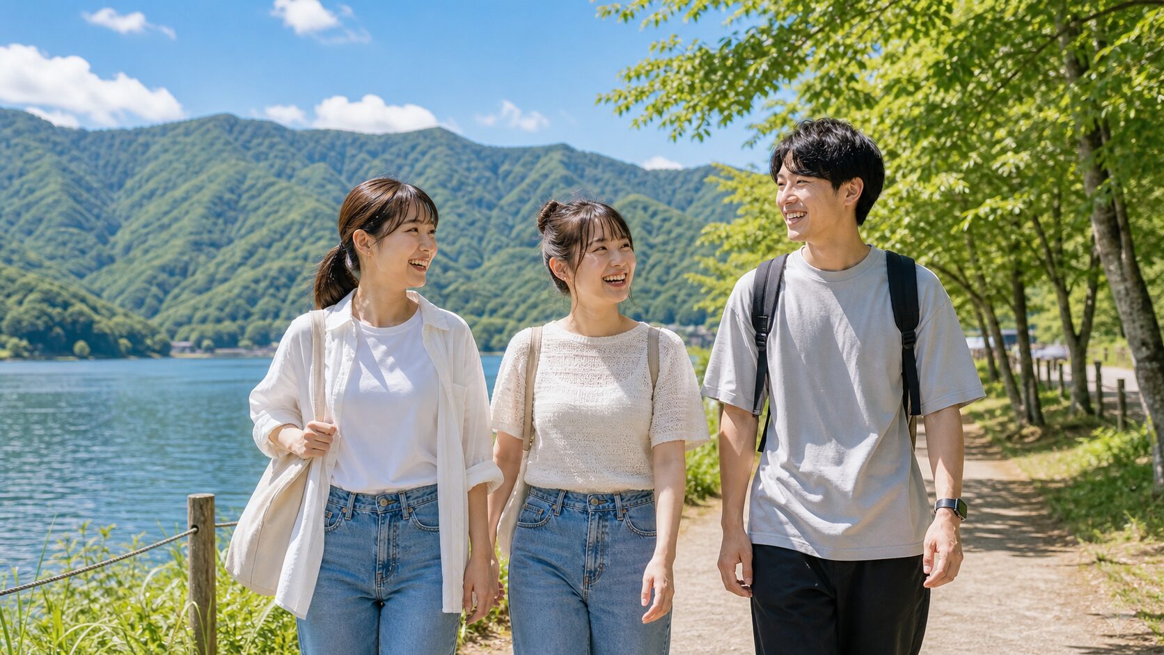 夏のリゾートバイト仲間が休日に湖畔を歩くイメージ