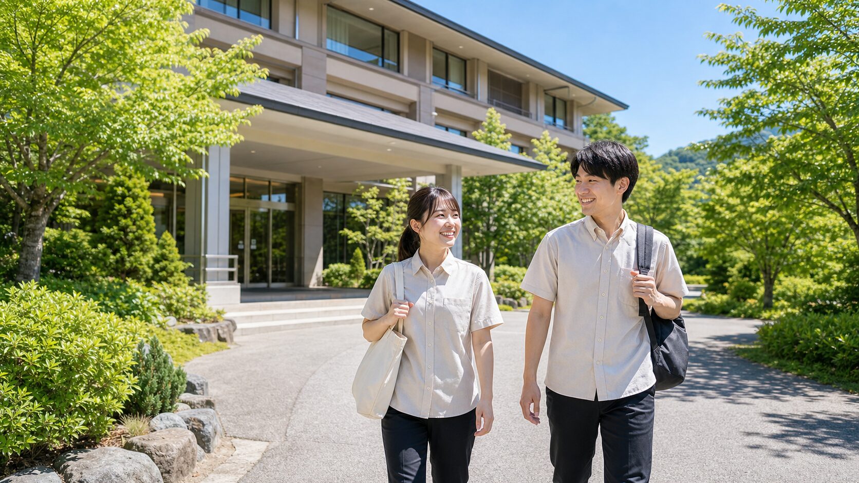 夏のリゾートホテルへ向かうリゾートバイトスタッフのイメージ