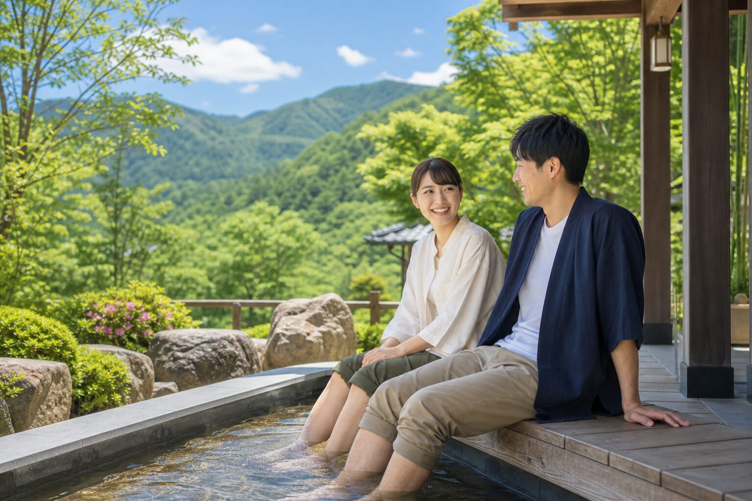 夏の温泉旅館の足湯で休憩するリゾバスタッフのイメージ