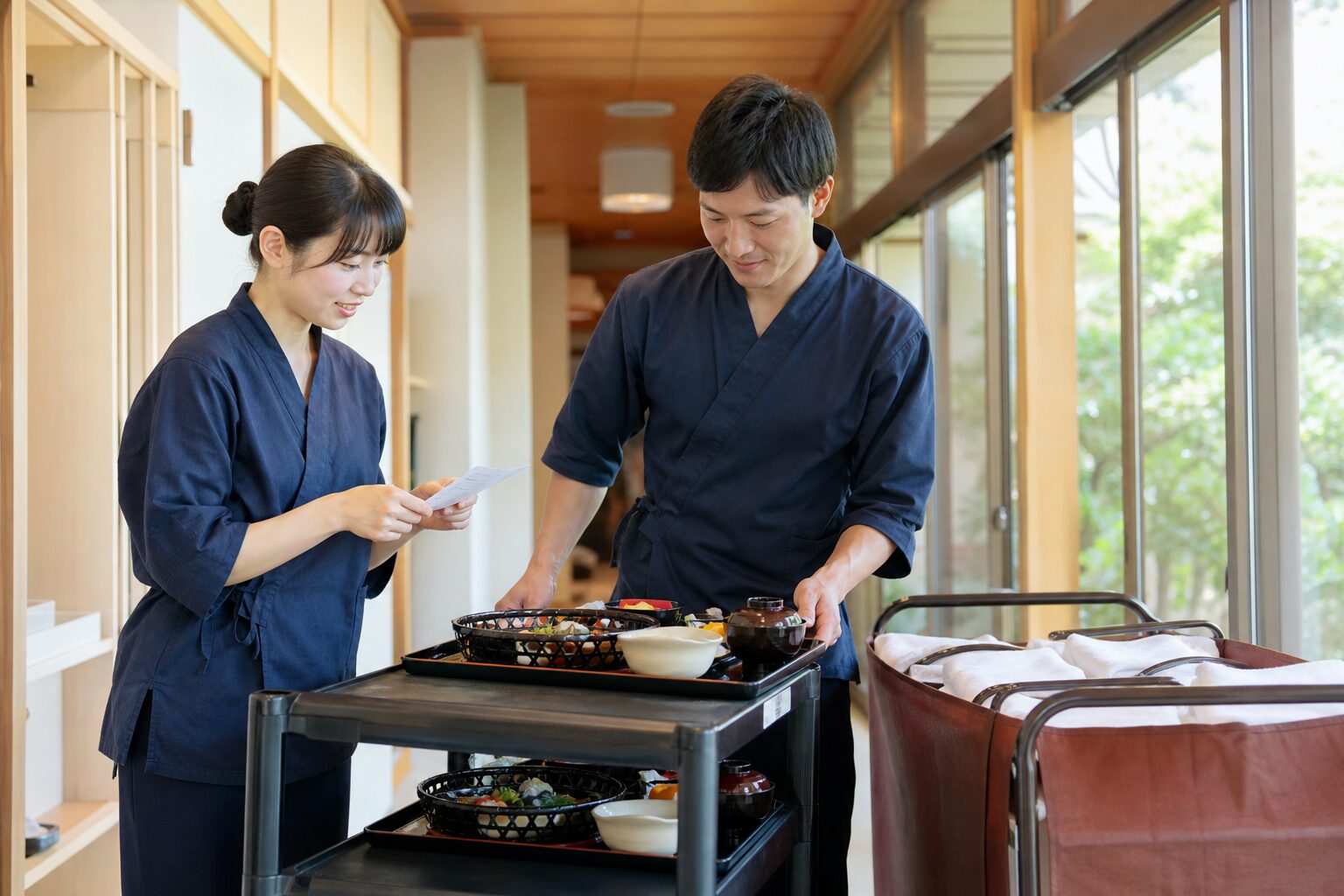 旅館で配膳準備を確認する仲居スタッフのイメージ